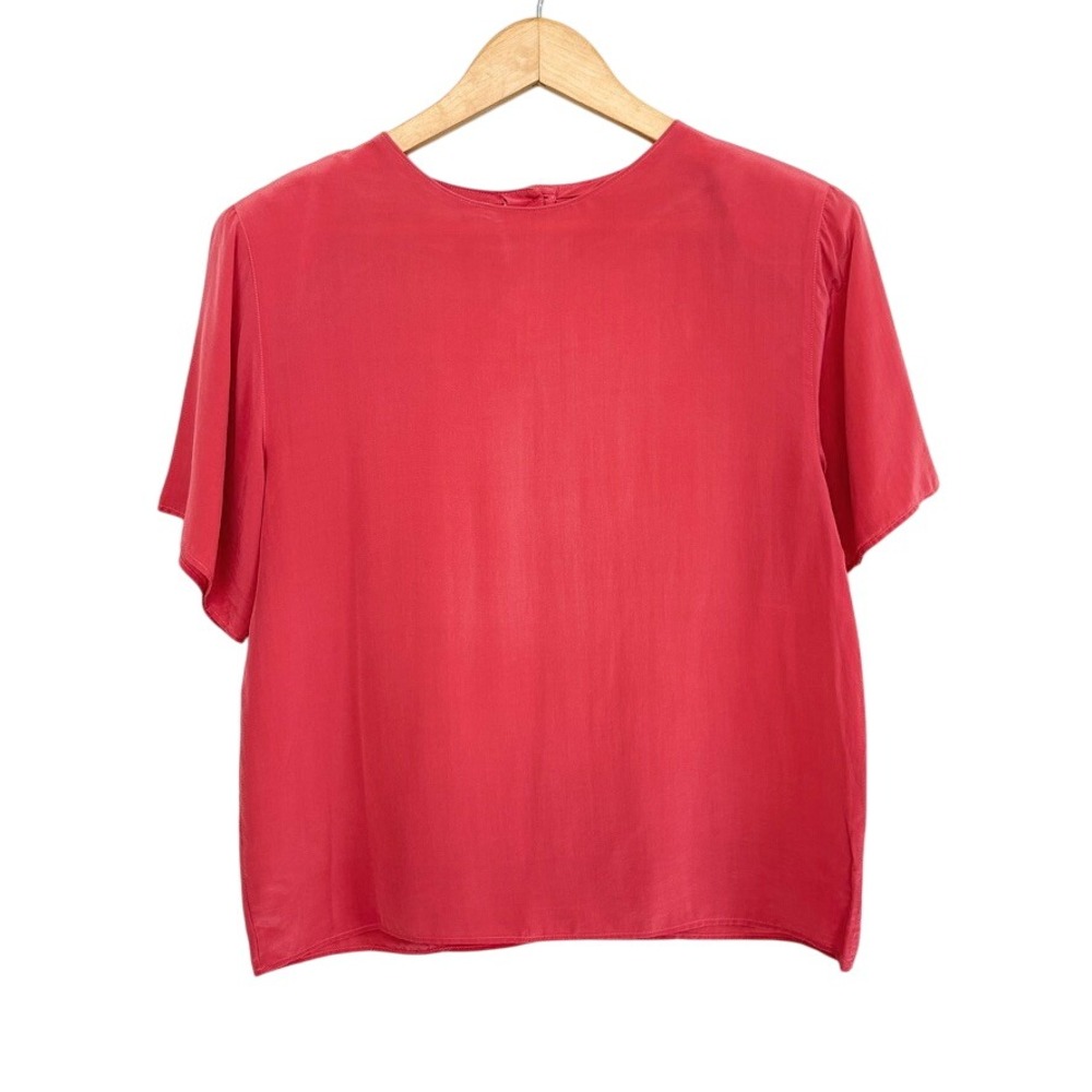 Jennifer Moore Coral Pink 100% Silk Short Sleeve Crew Neck Button‎ Back Top M
